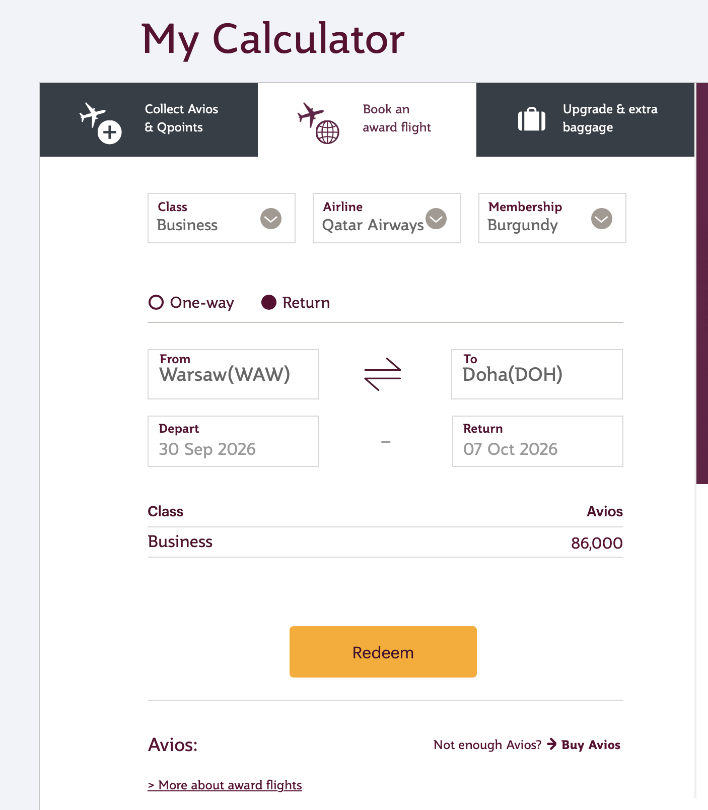 kalkulator qatar airways avios